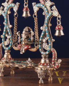 Brass Ganesha Swing with Three Diyas 13.5"