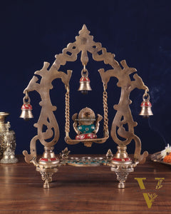 Brass Ganesha Swing with Three Diyas 13.5"