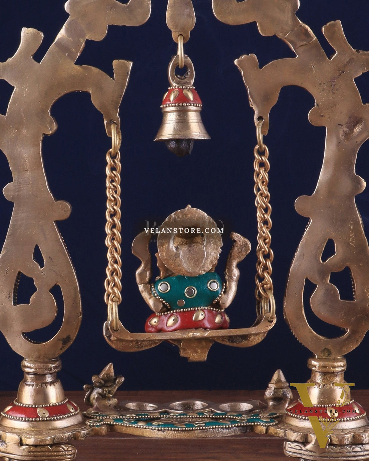 Brass Ganesha Swing with Three Diyas 13.5"