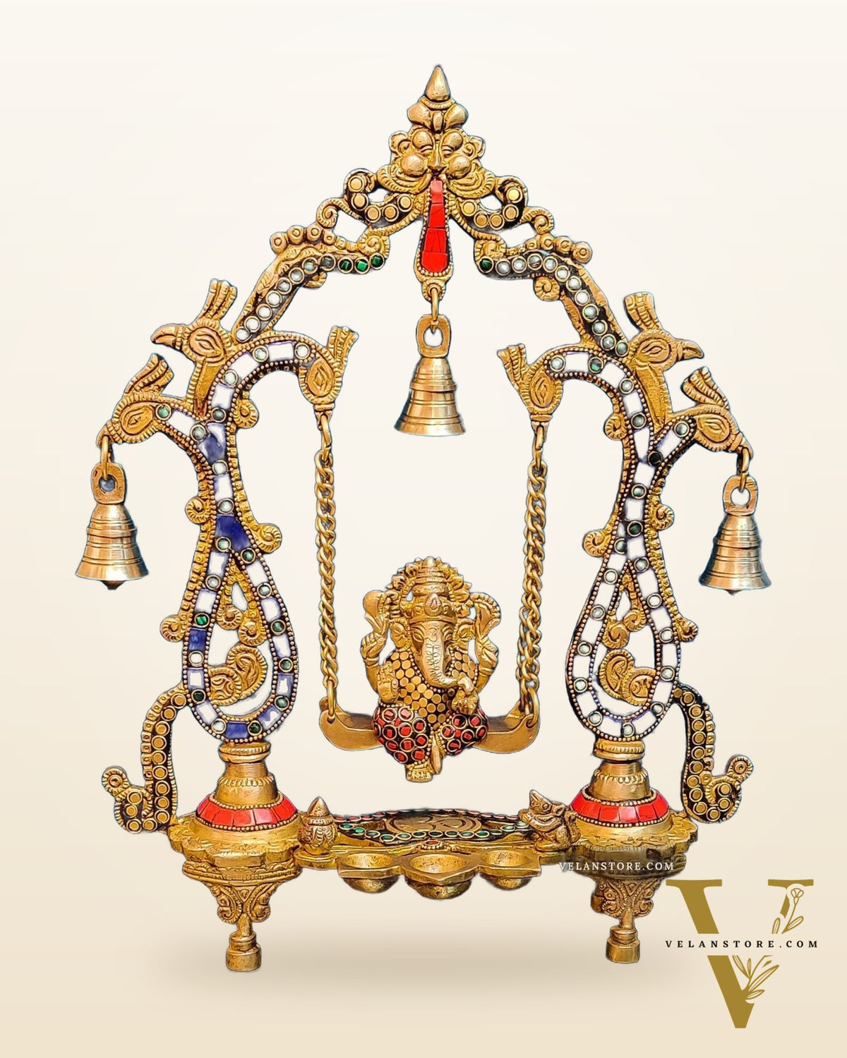 Brass Ganesha Swing with Three Diyas - Handcrafted Beauty
