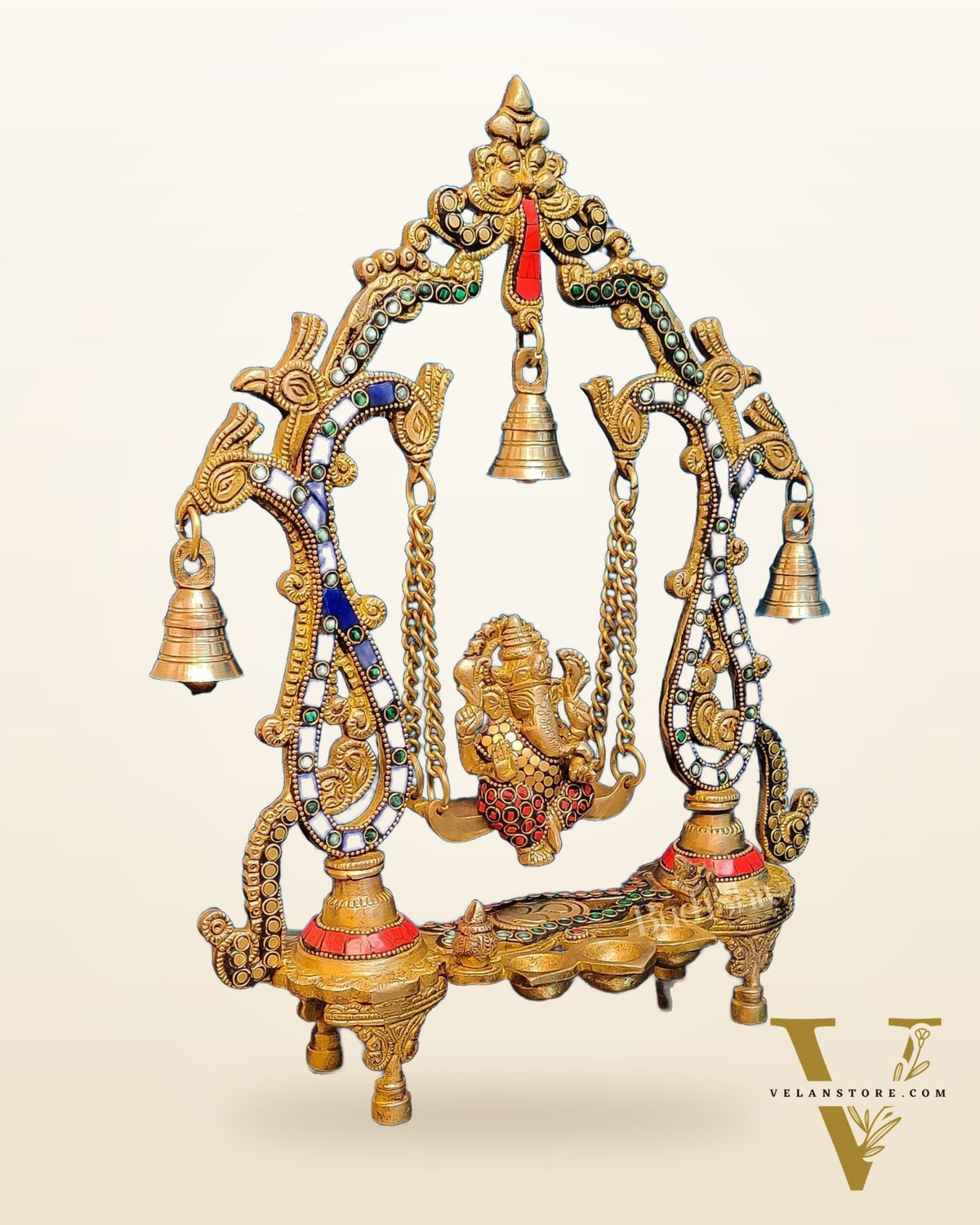 Brass Ganesha Swing with Three Diyas - Handcrafted Beauty