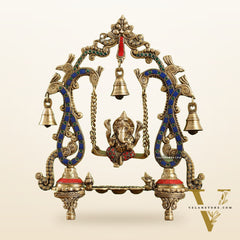 Brass Ganesha Swing with Three Diyas - Handcrafted Beauty