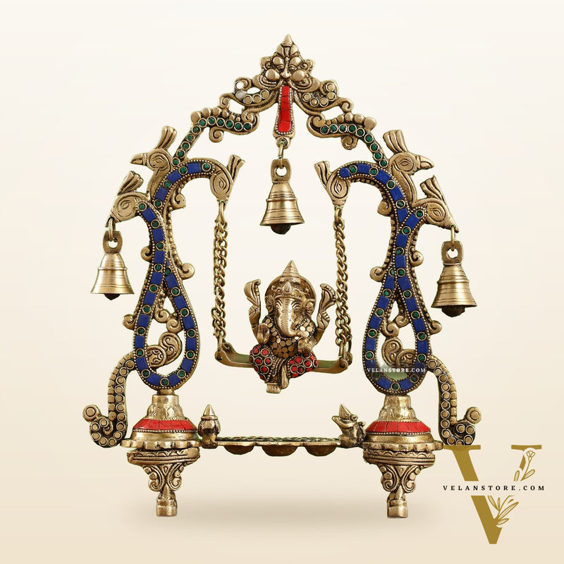Brass Ganesha Swing with Three Diyas - Handcrafted Beauty