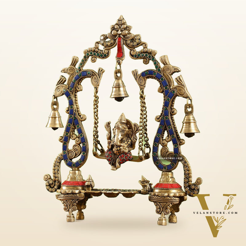 Brass Ganesha Swing with Three Diyas - Handcrafted Beauty