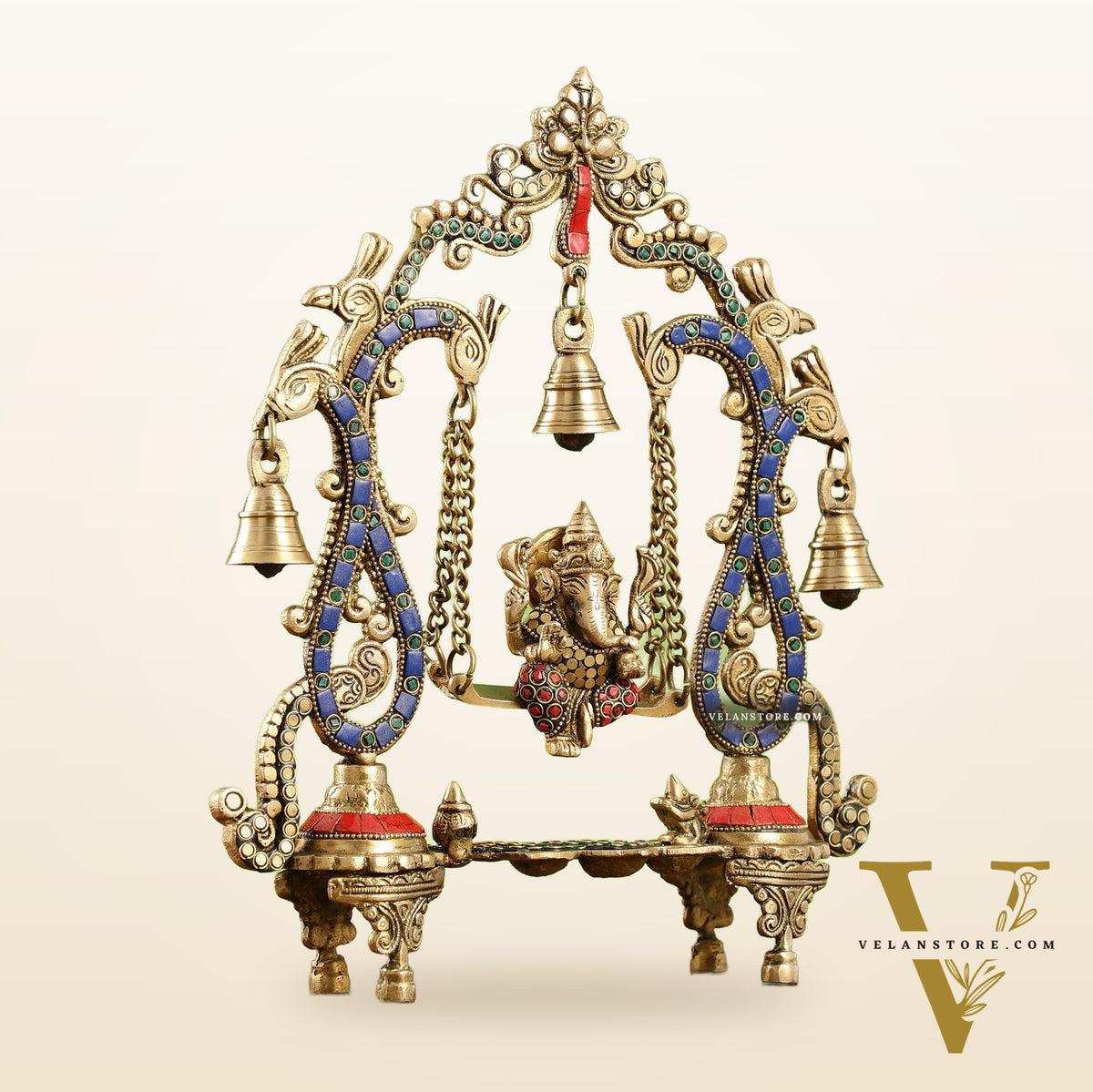 Brass Ganesha Swing with Three Diyas - Handcrafted Beauty