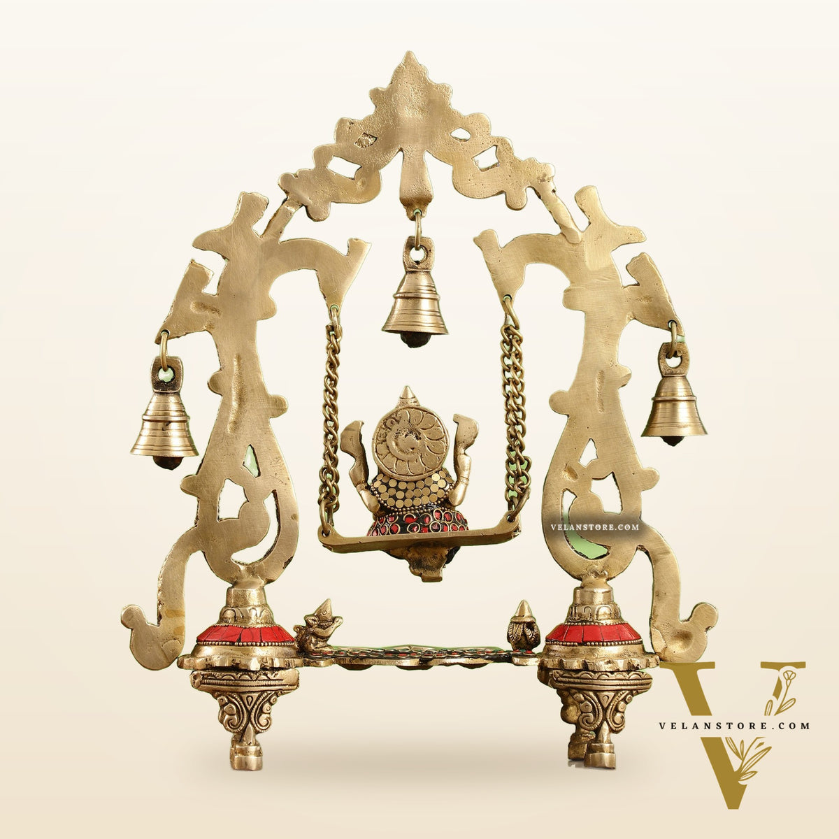 Brass Ganesha Swing with Three Diyas - Handcrafted Beauty