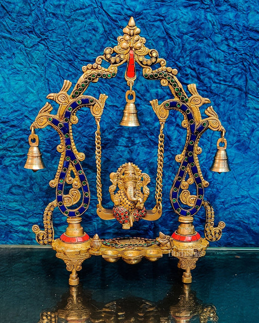 Brass Ganesha Swing with Three Diyas - Handcrafted Beauty