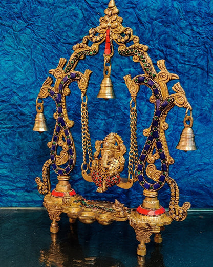 Brass Ganesha Swing with Three Diyas - Handcrafted Beauty