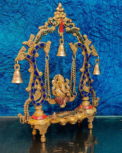 Brass Ganesha Swing with Three Diyas - Handcrafted Beauty