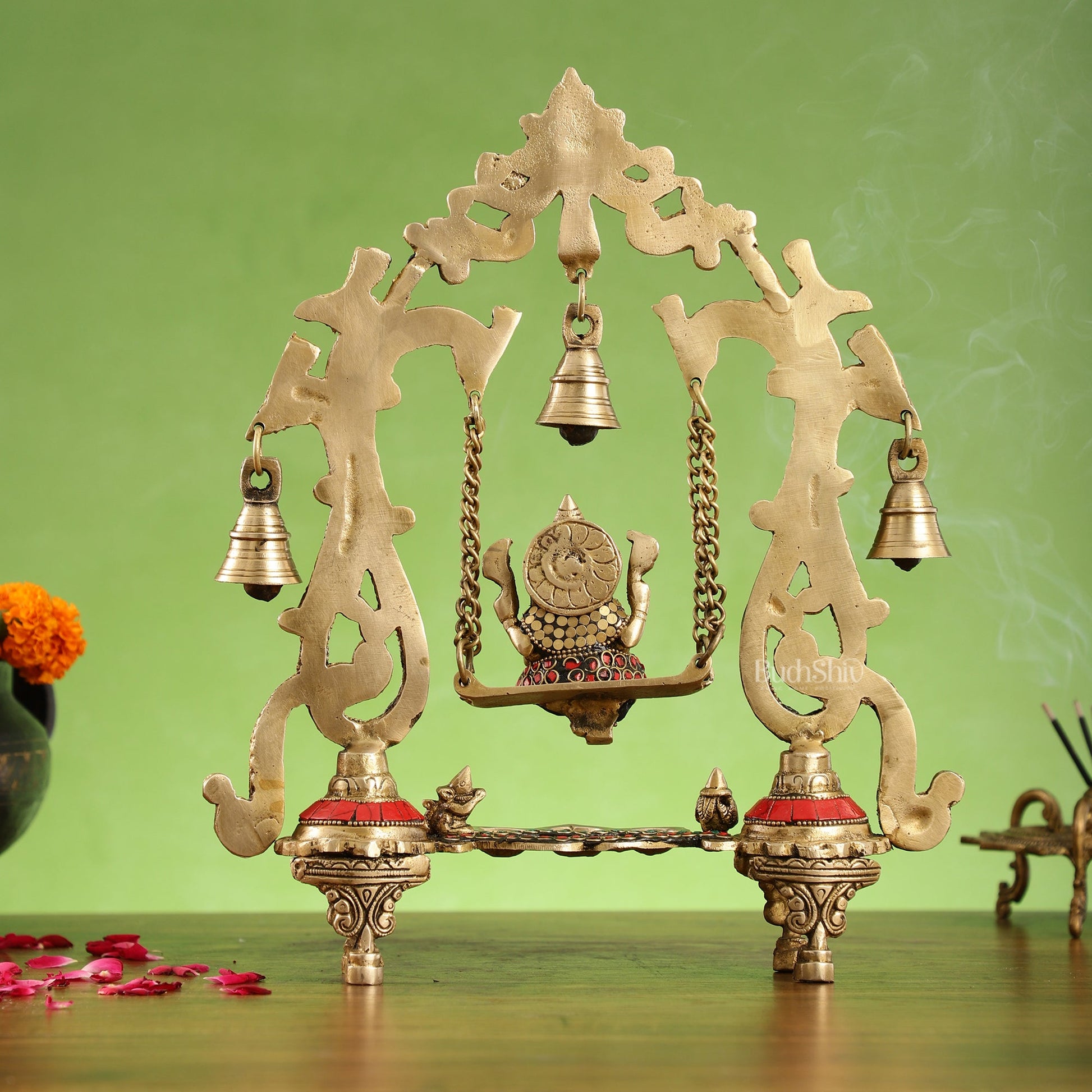 Brass Ganesha Swing with Three Diyas - Handcrafted Beauty