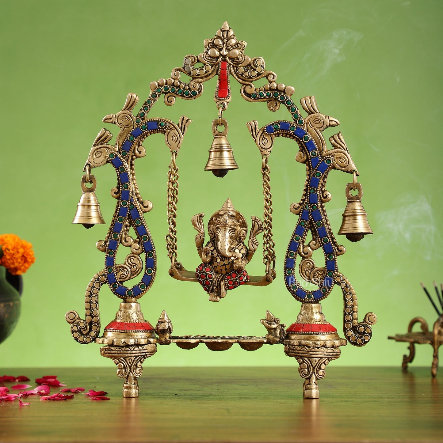 Brass Ganesha Swing with Three Diyas - Handcrafted Beauty