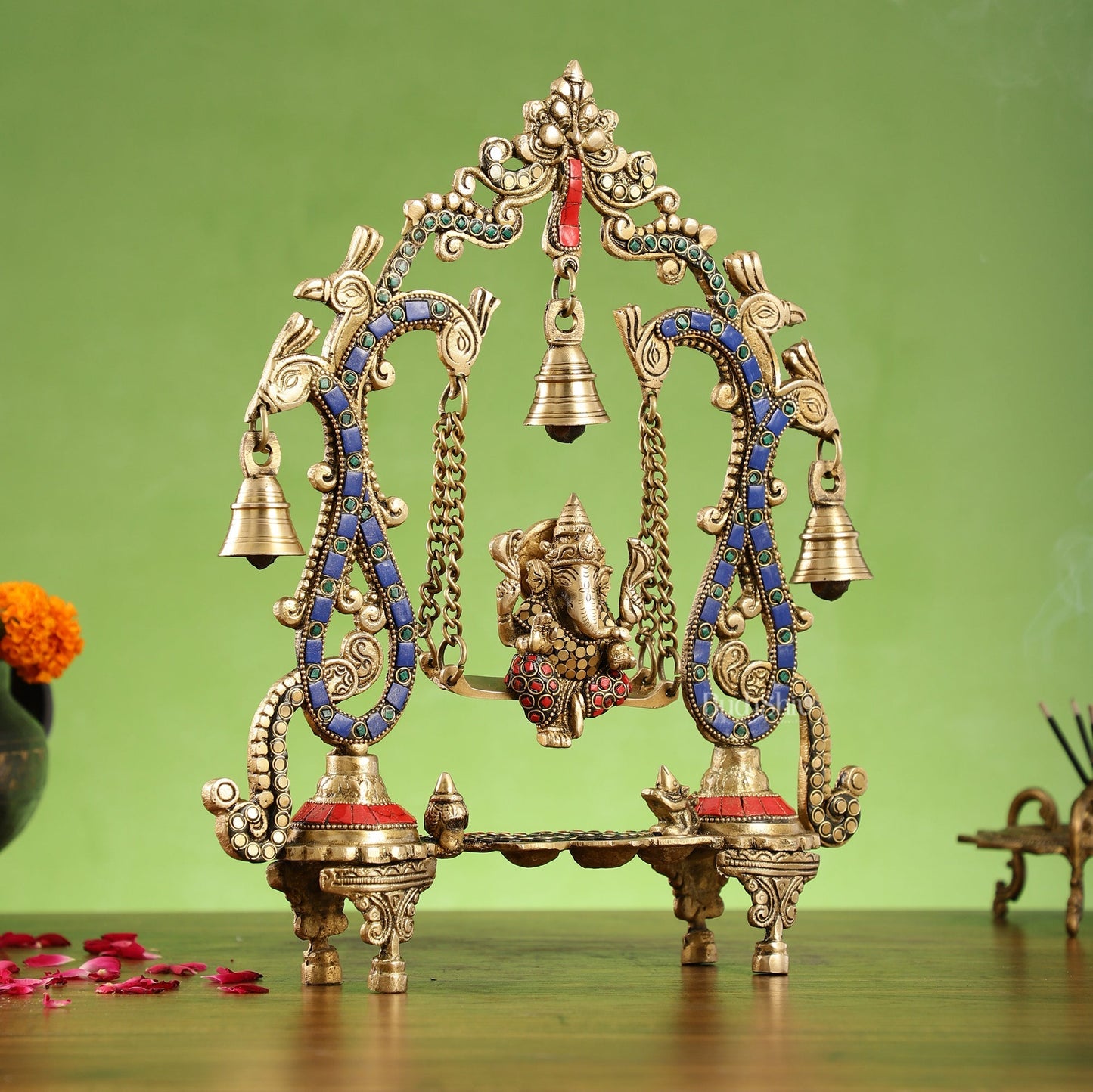 Brass Ganesha Swing with Three Diyas - Handcrafted Beauty