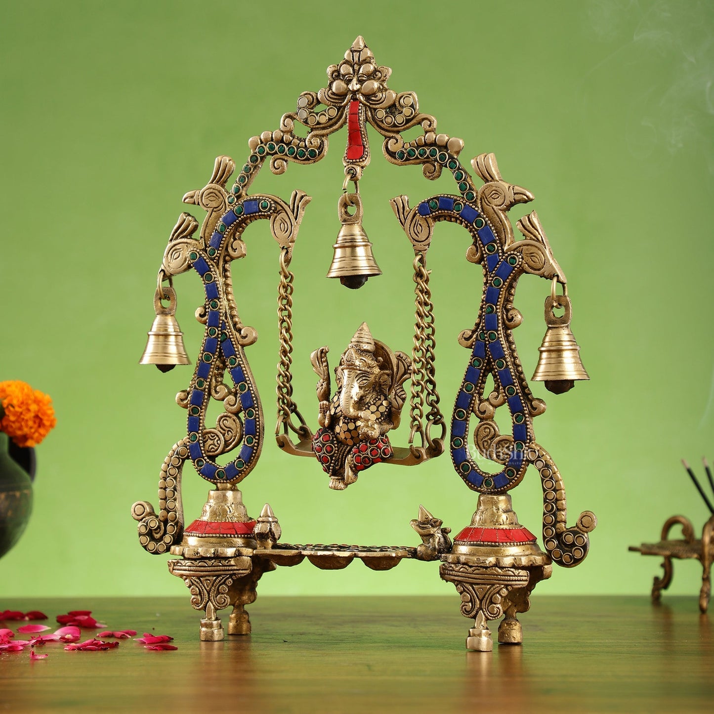 Brass Ganesha Swing with Three Diyas - Handcrafted Beauty