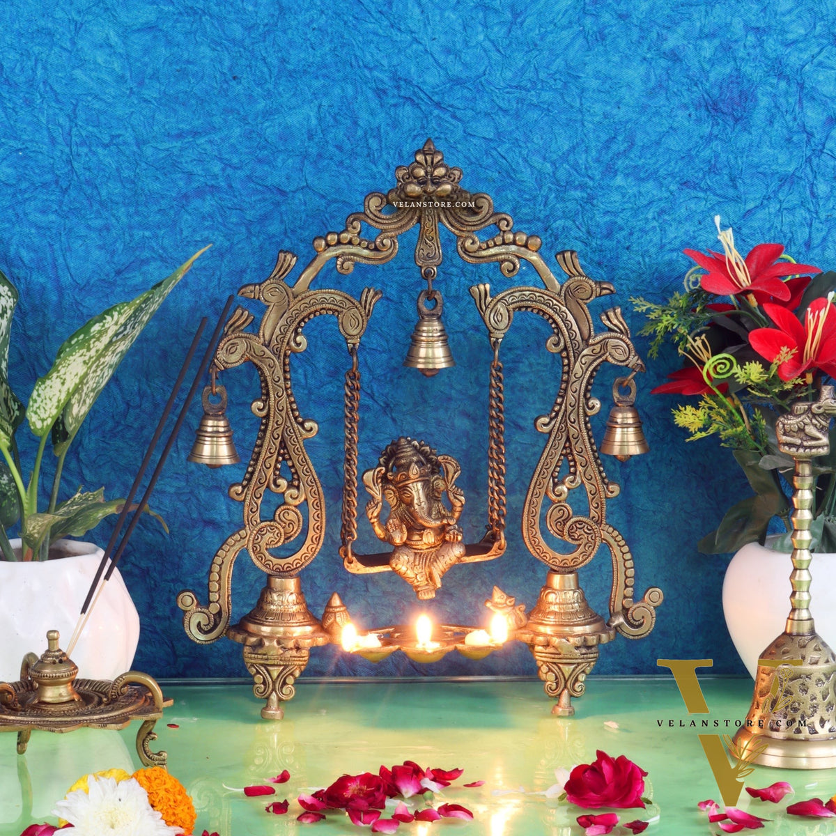 Brass Ganesha Swing with Three Diyas - Handcrafted Perfection