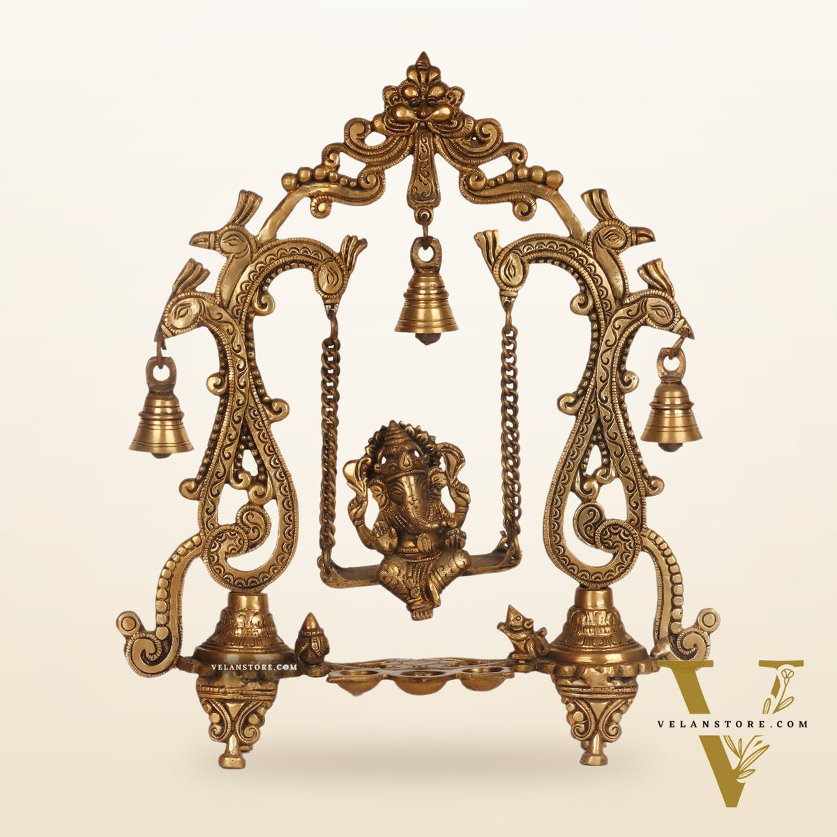 Brass Ganesha Swing with Three Diyas - Handcrafted Perfection