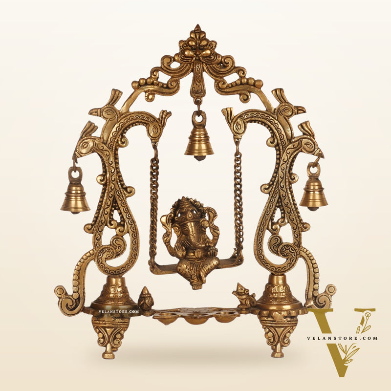 Brass Ganesha Swing with Three Diyas - Handcrafted Perfection