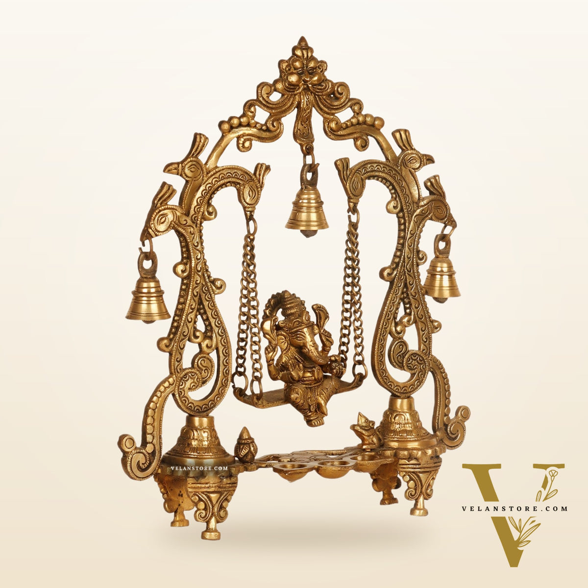 Brass Ganesha Swing with Three Diyas - Handcrafted Perfection
