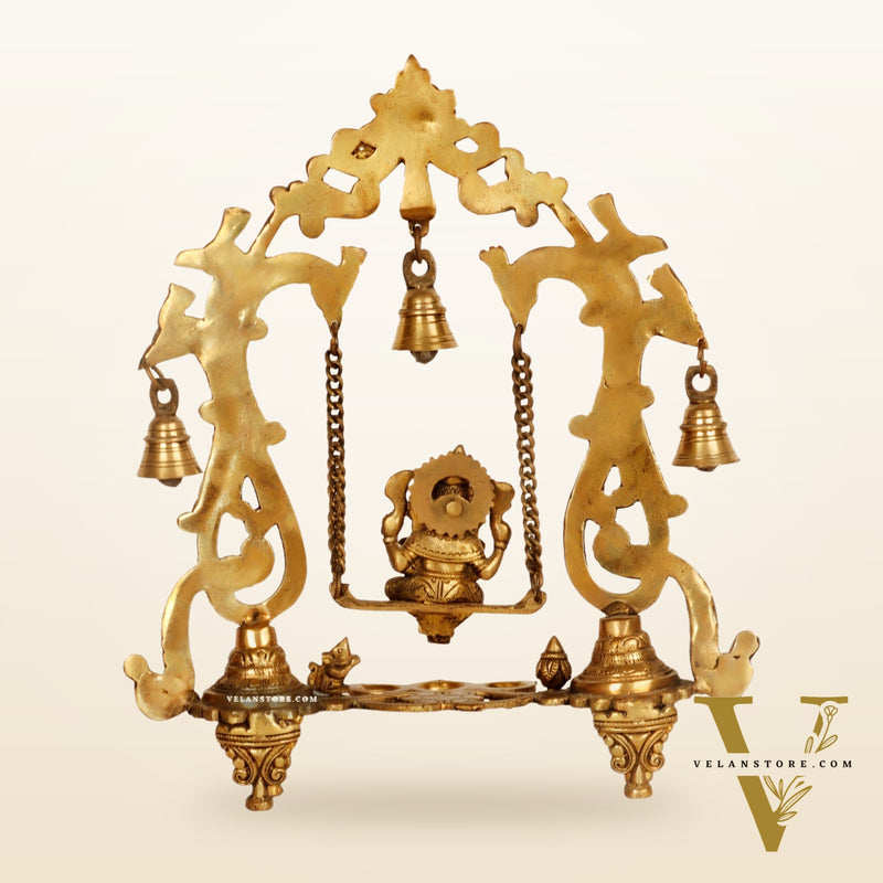 Brass Ganesha Swing with Three Diyas - Handcrafted Perfection