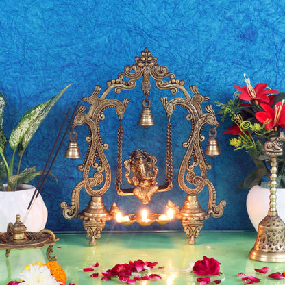 Brass Ganesha Swing with Three Diyas - Handcrafted Perfection