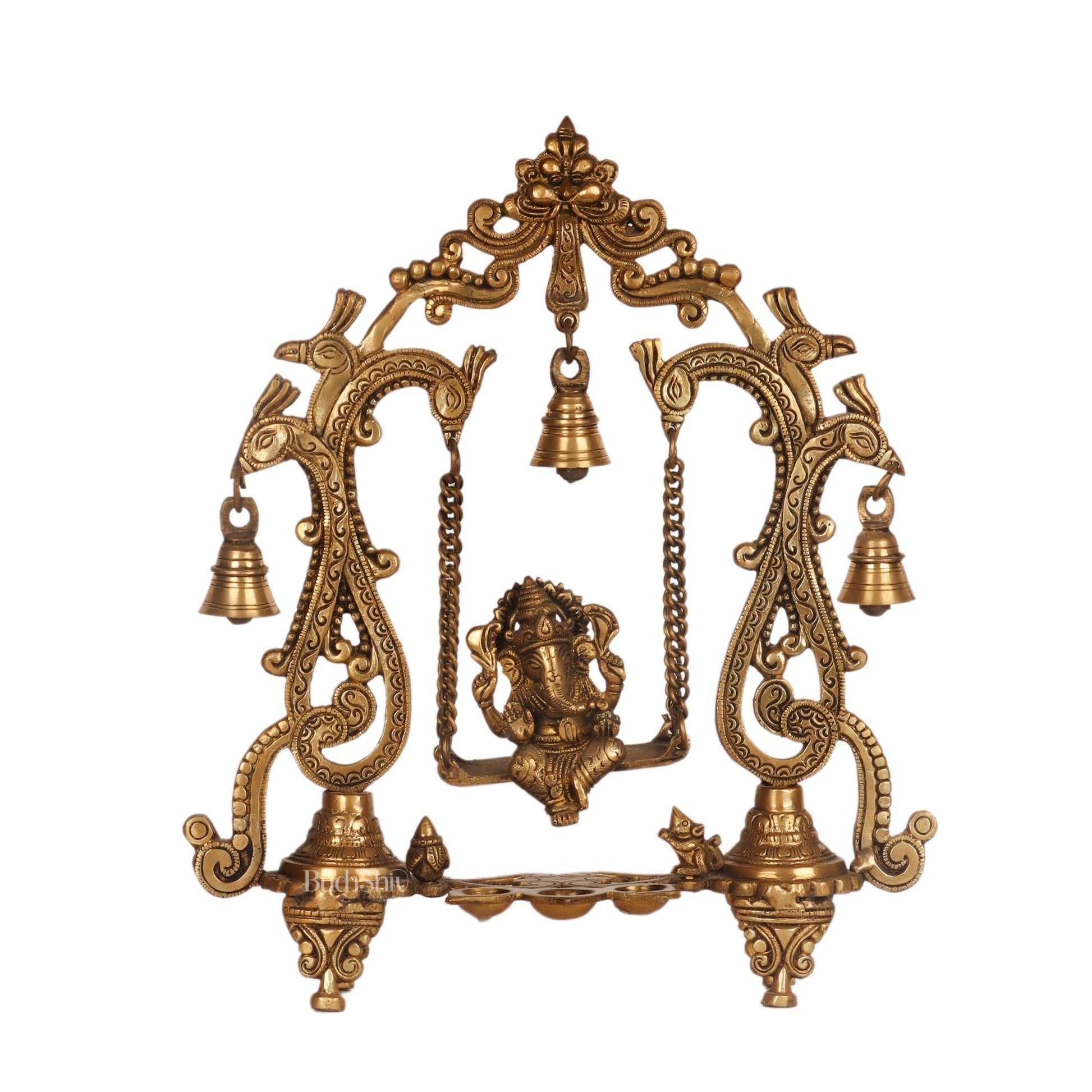 Brass Ganesha Swing with Three Diyas - Handcrafted Perfection