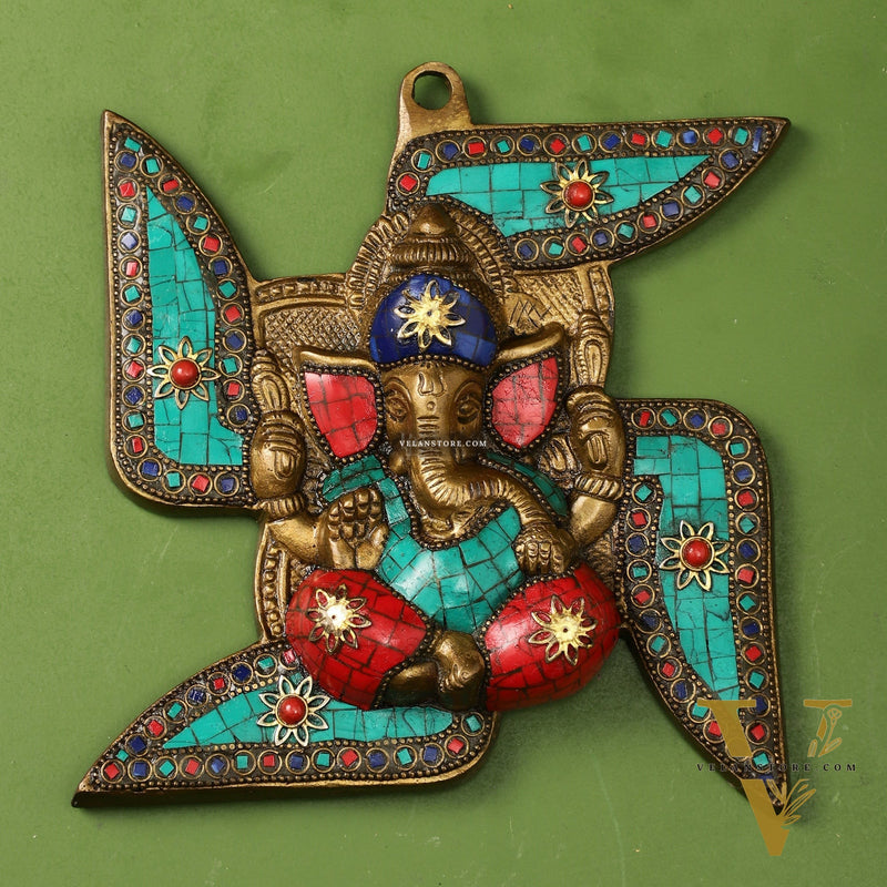 Brass Ganesha Wall Hanging on Swastik - 7 x 7 inch