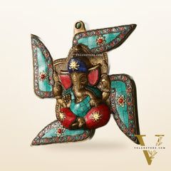 Brass Ganesha Wall Hanging on Swastik - 7 x 7 inch