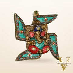 Brass Ganesha Wall Hanging on Swastik - 7 x 7 inch
