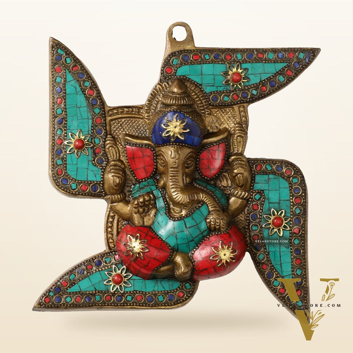 Brass Ganesha Wall Hanging on Swastik - 7 x 7 inch