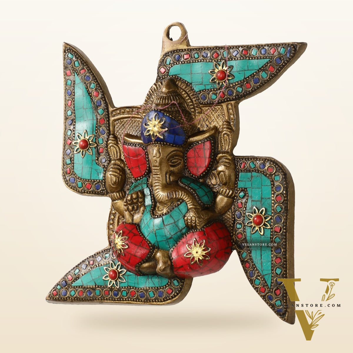 Brass Ganesha Wall Hanging on Swastik - 7 x 7 inch