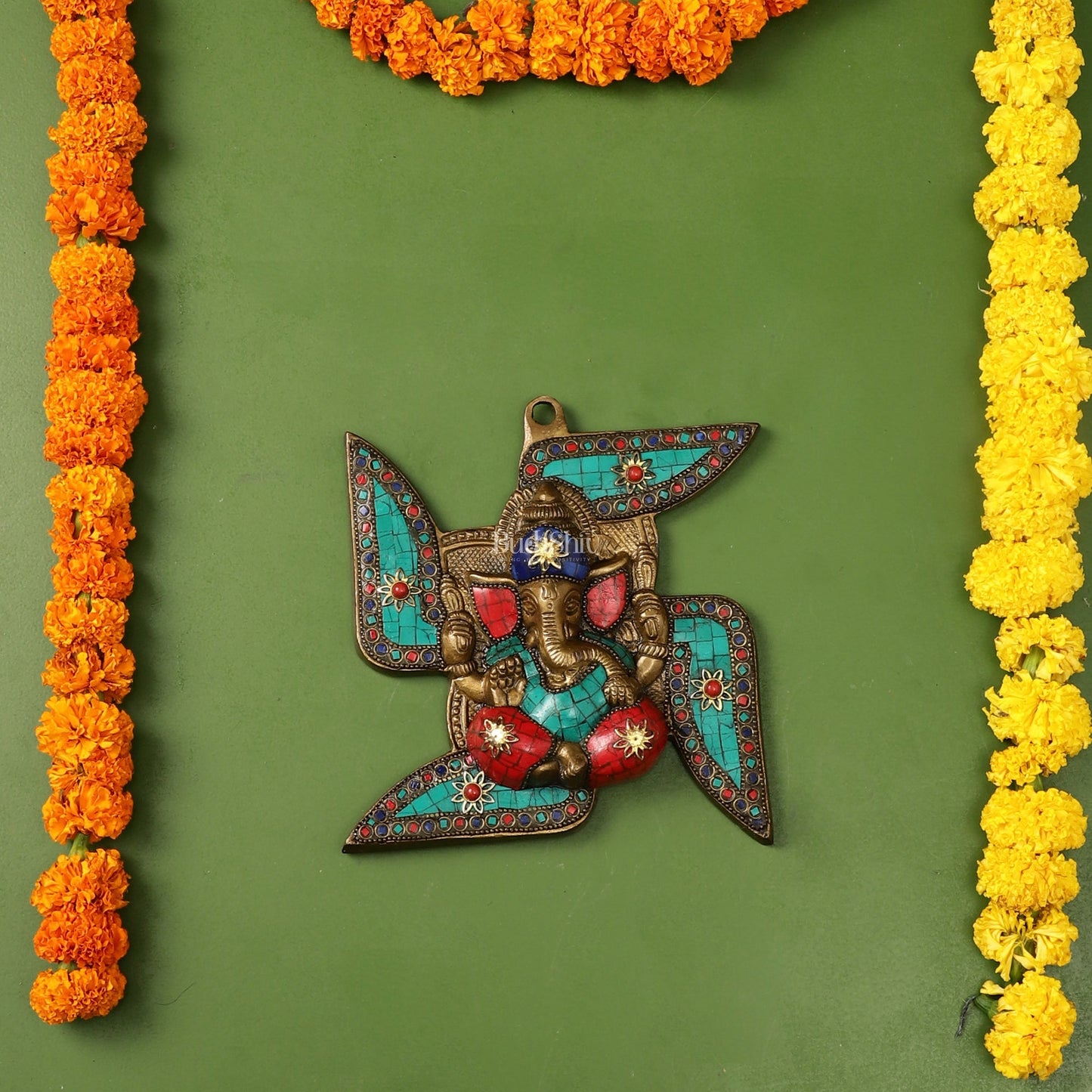 Brass Ganesha Wall Hanging on Swastik - 7 x 7 inch