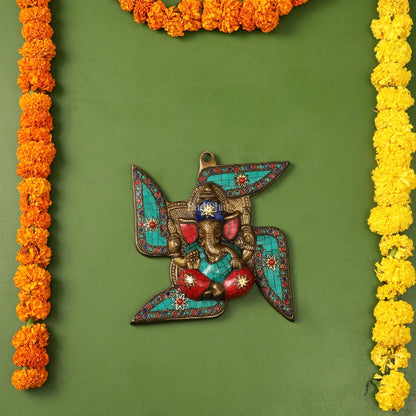 Brass Ganesha Wall Hanging on Swastik - 7 x 7 inch