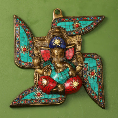 Brass Ganesha Wall Hanging on Swastik - 7 x 7 inch