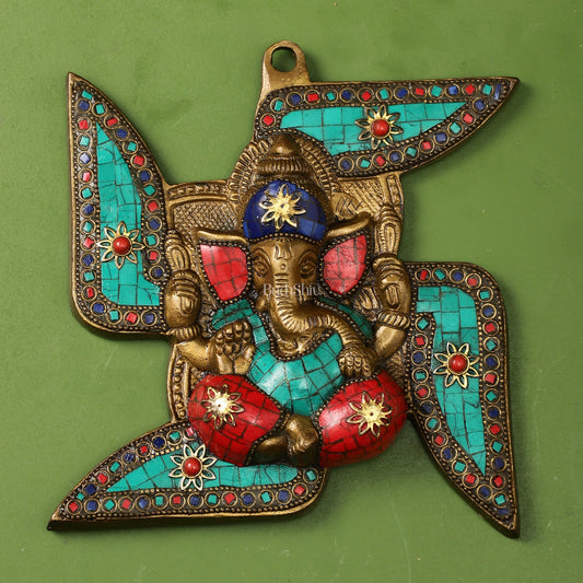 Brass Ganesha Wall Hanging on Swastik - 7 x 7 inch
