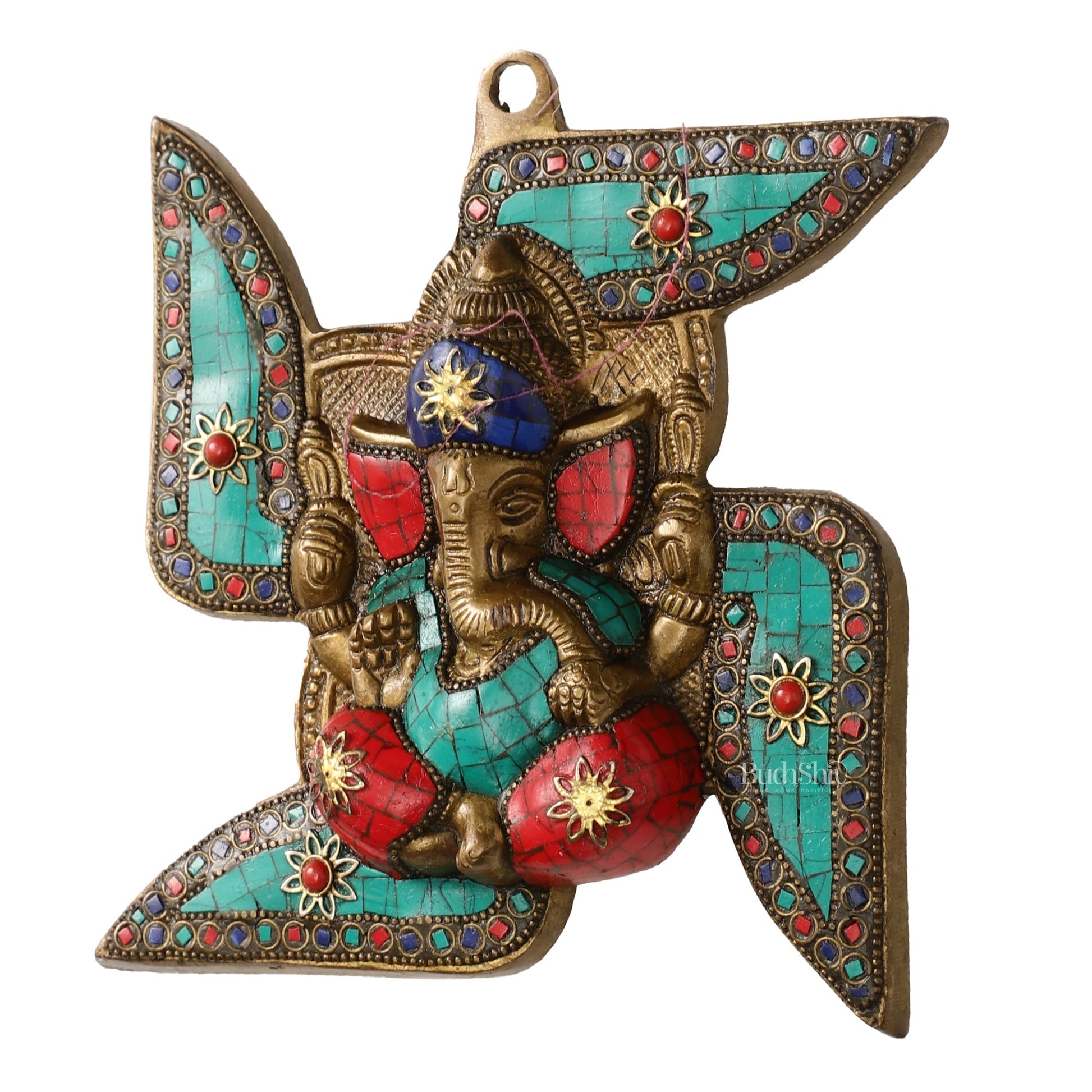 Brass Ganesha Wall Hanging on Swastik - 7 x 7 inch