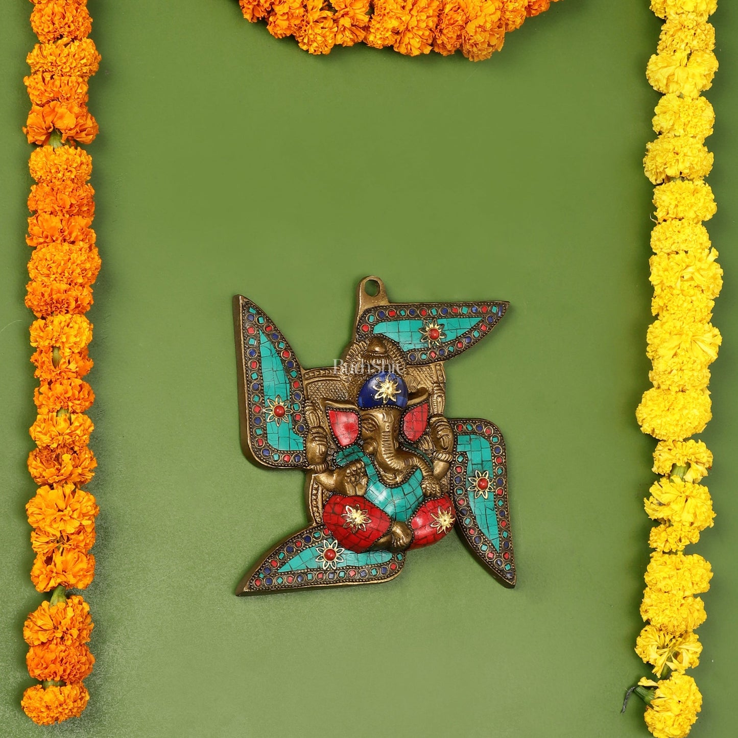 Brass Ganesha Wall Hanging on Swastik - 7 x 7 inch