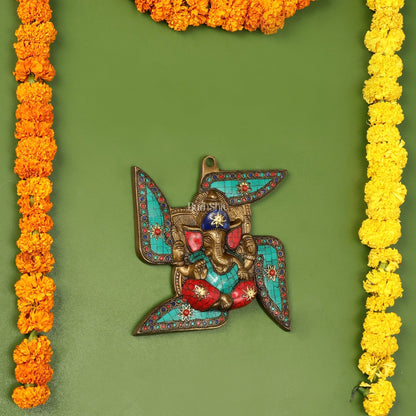 Brass Ganesha Wall Hanging on Swastik - 7 x 7 inch