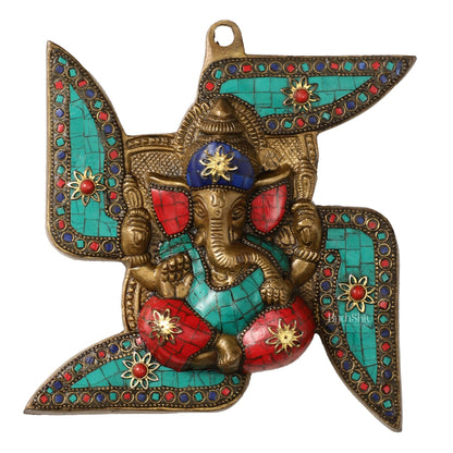Brass Ganesha Wall Hanging on Swastik - 7 x 7 inch