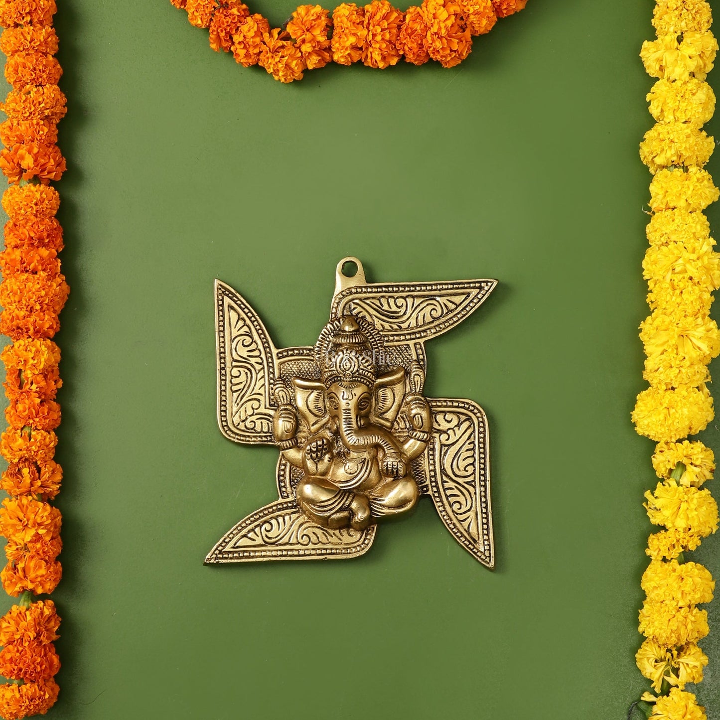 Brass Ganesha Wall Hanging on Swastik - 7 x 7 inch