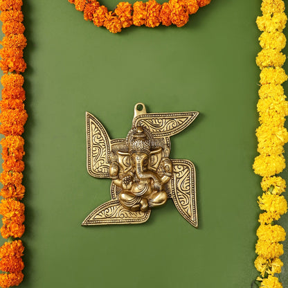 Brass Ganesha Wall Hanging on Swastik - 7 x 7 inch