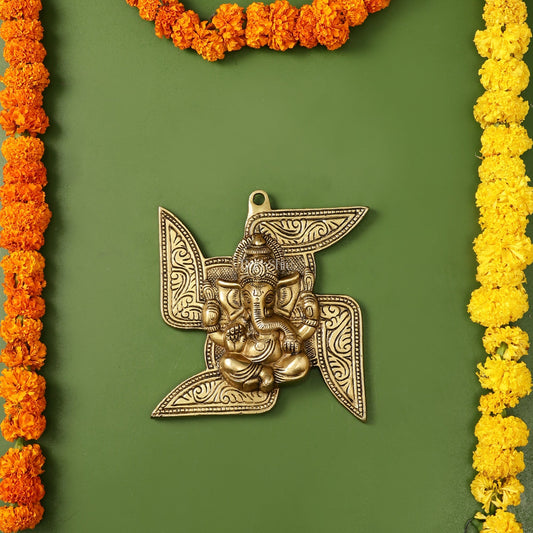 Brass Ganesha Wall Hanging on Swastik - 7 x 7 inch