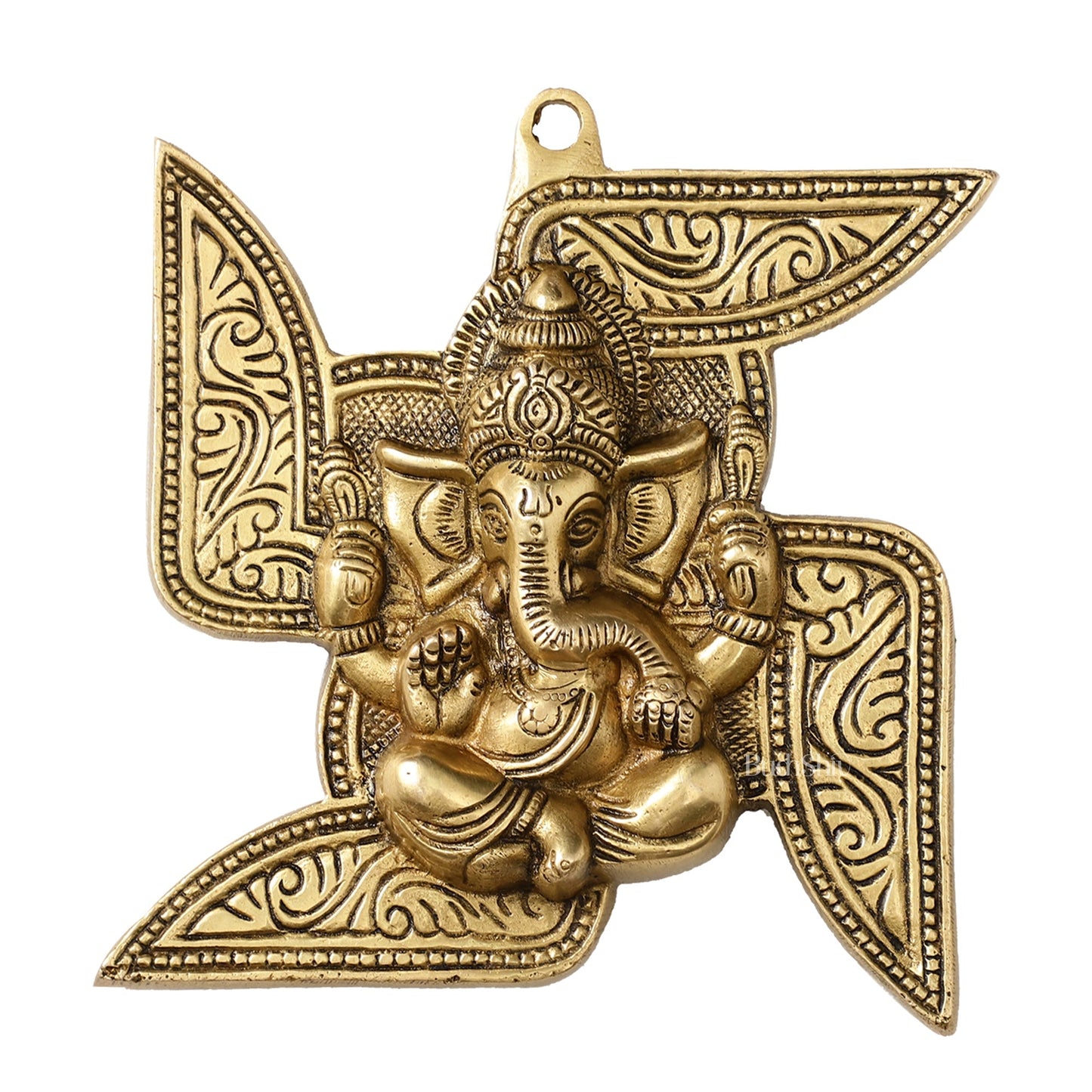 Brass Ganesha Wall Hanging on Swastik - 7 x 7 inch