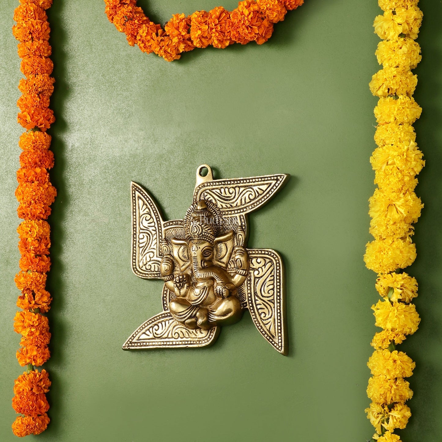 Brass Ganesha Wall Hanging on Swastik - 7 x 7 inch