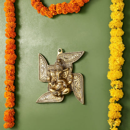 Brass Ganesha Wall Hanging on Swastik - 7 x 7 inch