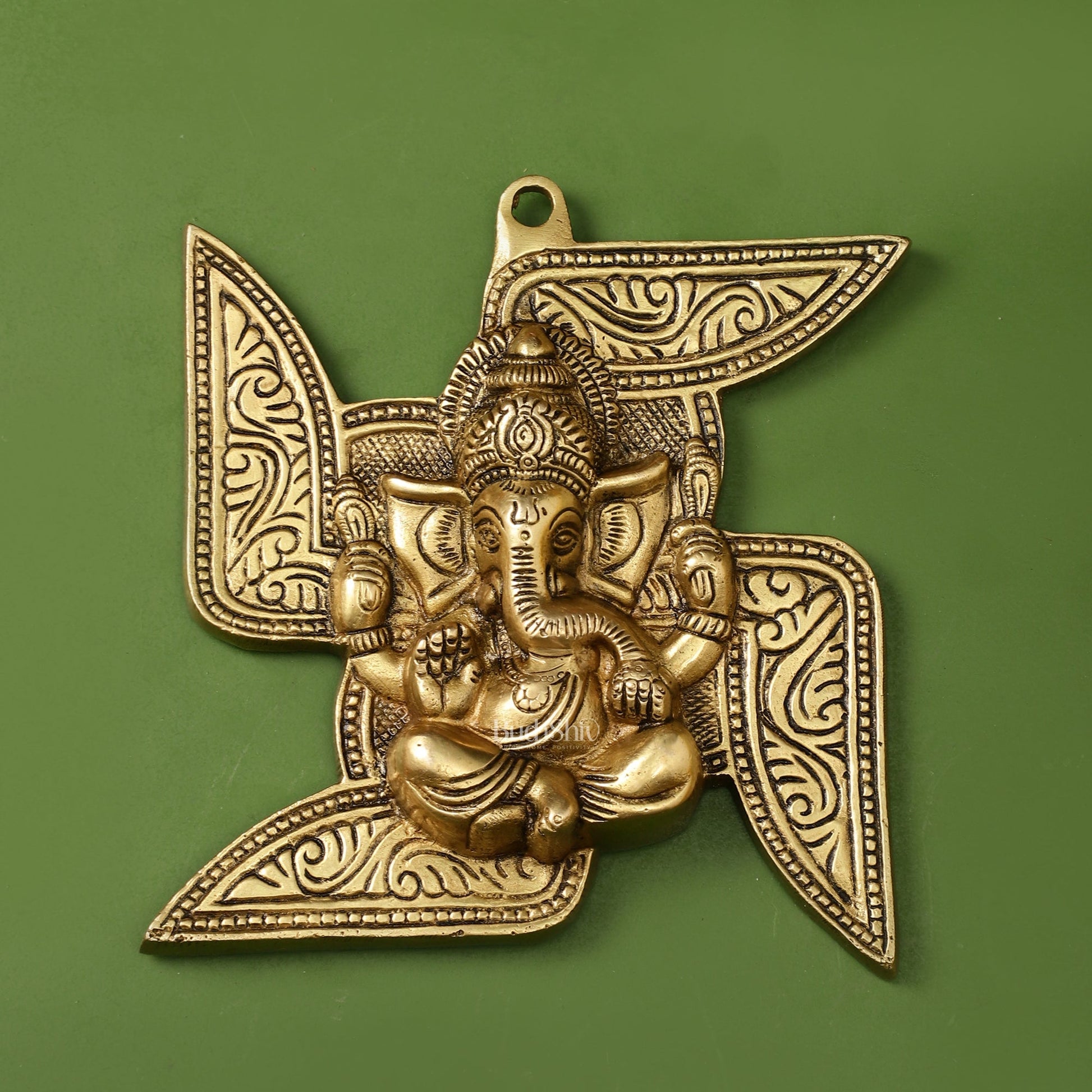 Brass Ganesha Wall Hanging on Swastik - 7 x 7 inch