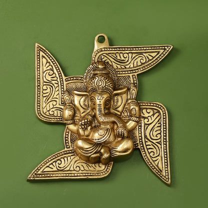Brass Ganesha Wall Hanging on Swastik - 7 x 7 inch