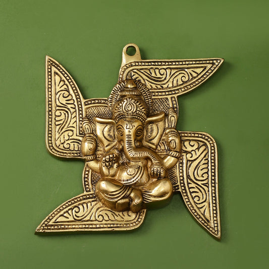 Brass Ganesha Wall Hanging on Swastik - 7 x 7 inch