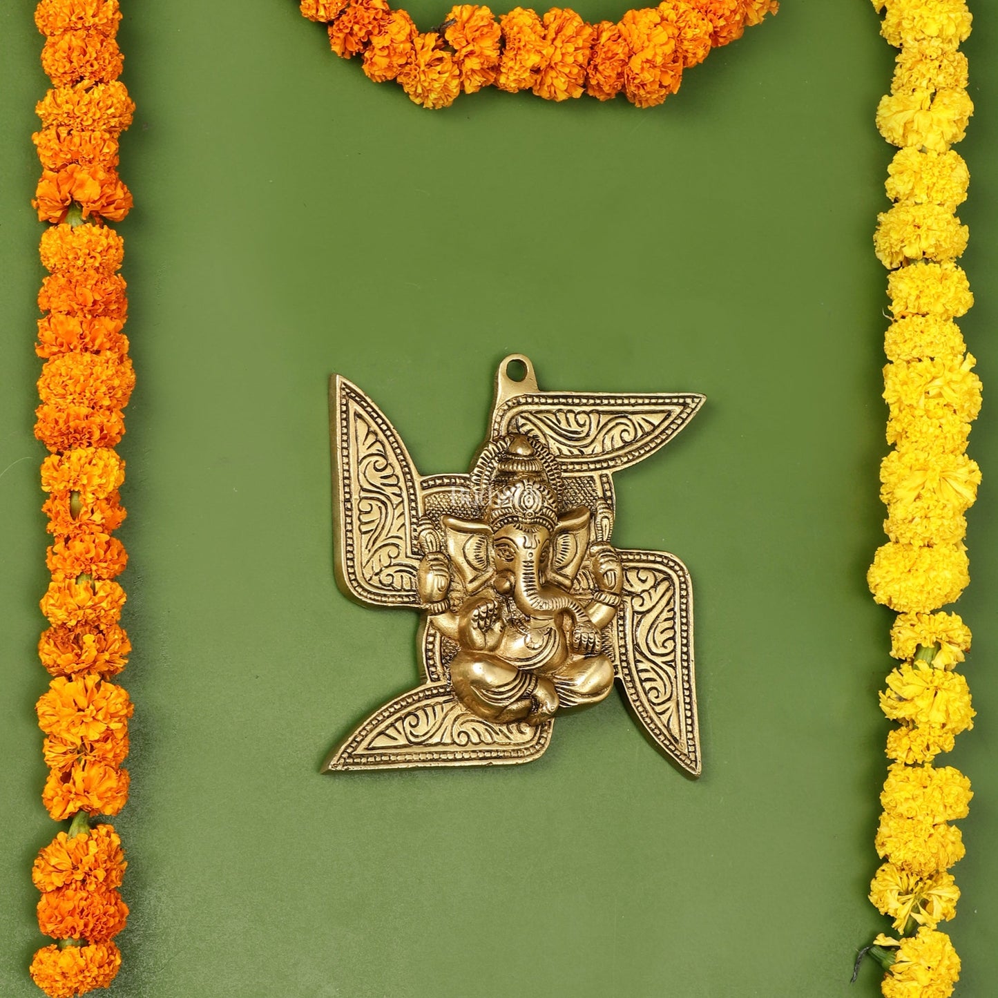 Brass Ganesha Wall Hanging on Swastik - 7 x 7 inch