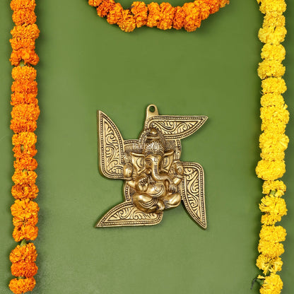 Brass Ganesha Wall Hanging on Swastik - 7 x 7 inch