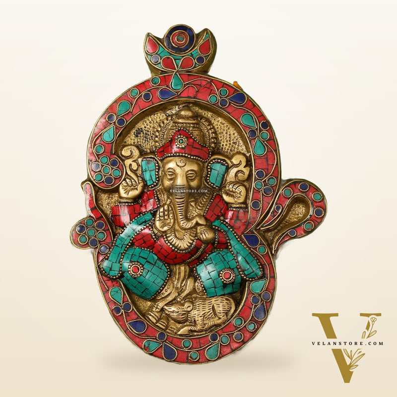 Brass Ganesha Wall Hanging with Stonework - 9 x 6.5 inch