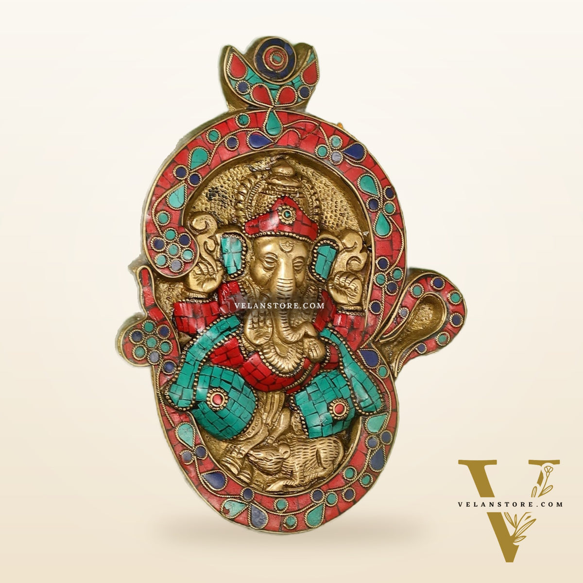 Brass Ganesha Wall Hanging with Stonework - 9 x 6.5 inch